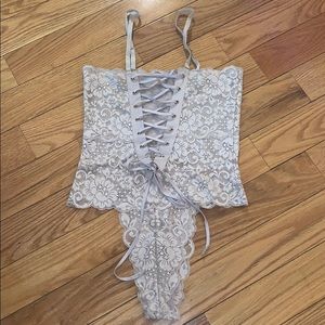 Nude lace criss cross bodysuit